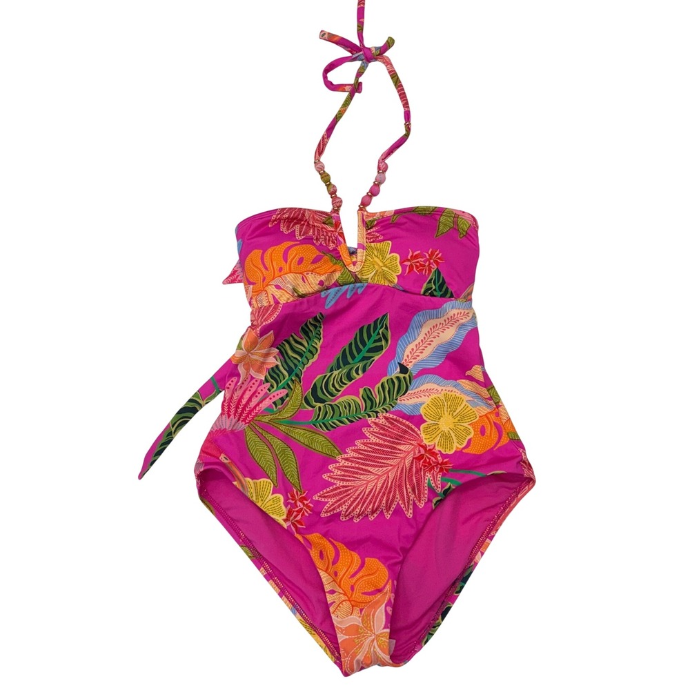 Gibson Latimer Womens Tropical Halter One Piece Swimsuit Magenta Beaded XS NEW